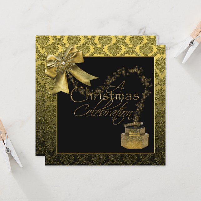 Black Gold Damansk Weihnachts-Party Einladung (Vorderseite/Rückseite Beispiel)