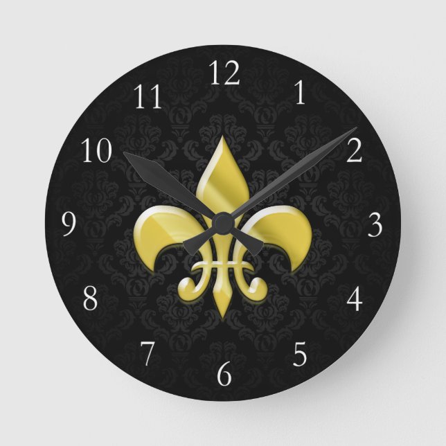 Black/Gold Damask Fleur de Lis Runde Wanduhr (Vorderseite)