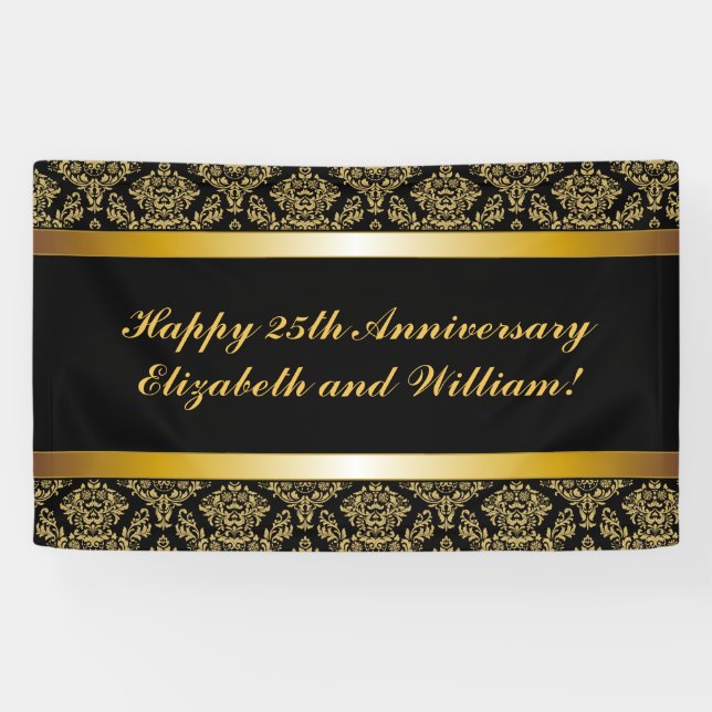 Black Gold Damask Frohes Jubiläumsbanner Banner (Horizontal)
