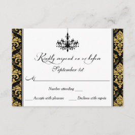 Black, Gold Damask, Kronleuchter-Antwortkarte RSVP Karte