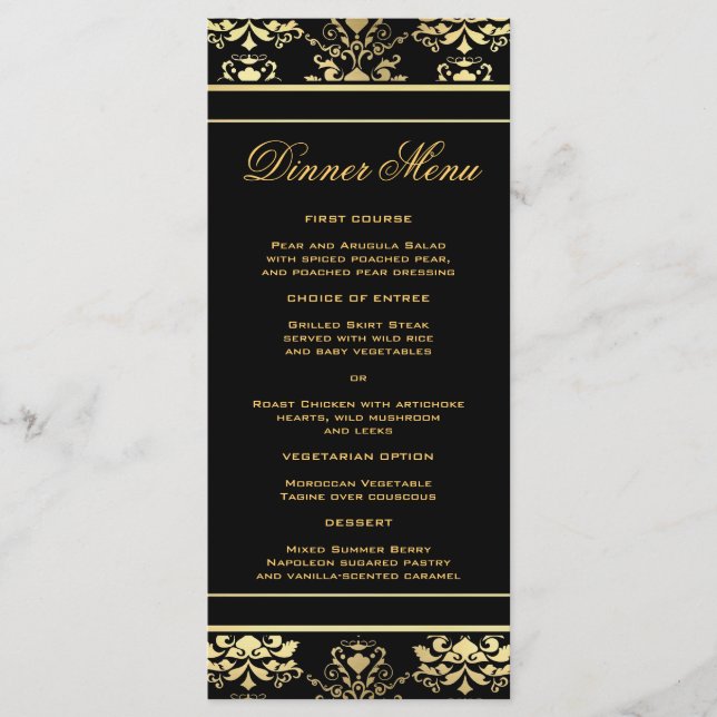 Black & Gold Damask Slim Dinner Menü Menükarte (Vorderseite)