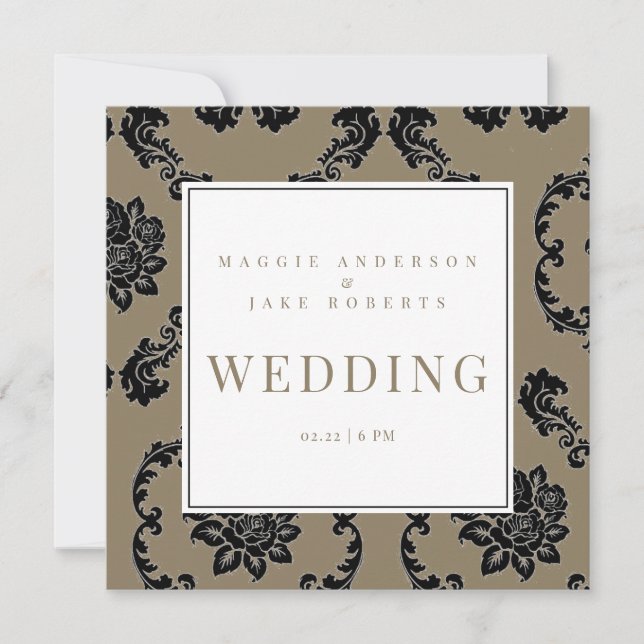 Black & Gold Damask Square Hochzeit Einladung (Vorderseite)
