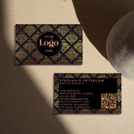 Black & Gold Damask Striped Custom Logo QR Code Visitenkarte