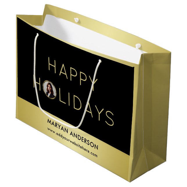 Black & gold design, Logo or Photo in gold circle, Große Geschenktüte (Vorderseite Schrägansicht)