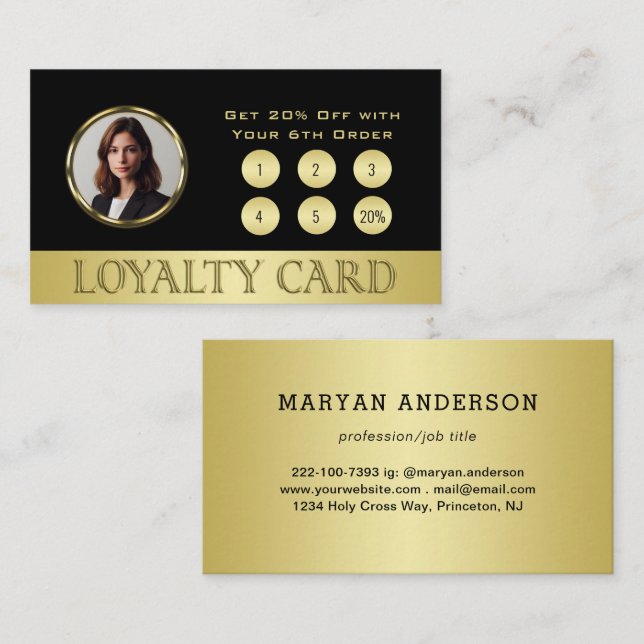Black & gold design, Logo or Photo in gold circle, Treuekarte (Vorne/Hinten)