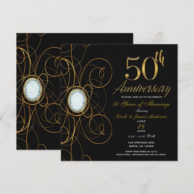 Black & Gold Diamond 50 50th Chic Jubiläum Einladung (Vorne/Hinten)