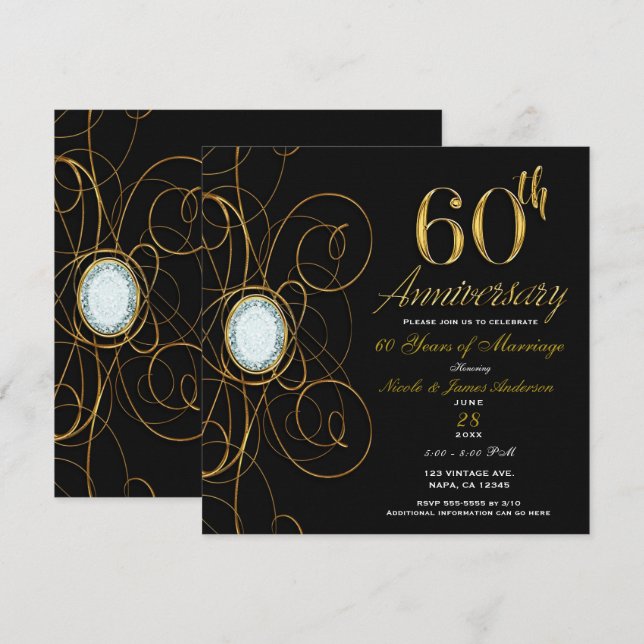 Black & Gold Diamond 60 60 Jahre Einladung (Vorne/Hinten)