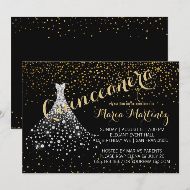 Black Gold Diamond Kleid Quinceanera Einladung (Vorne/Hinten)