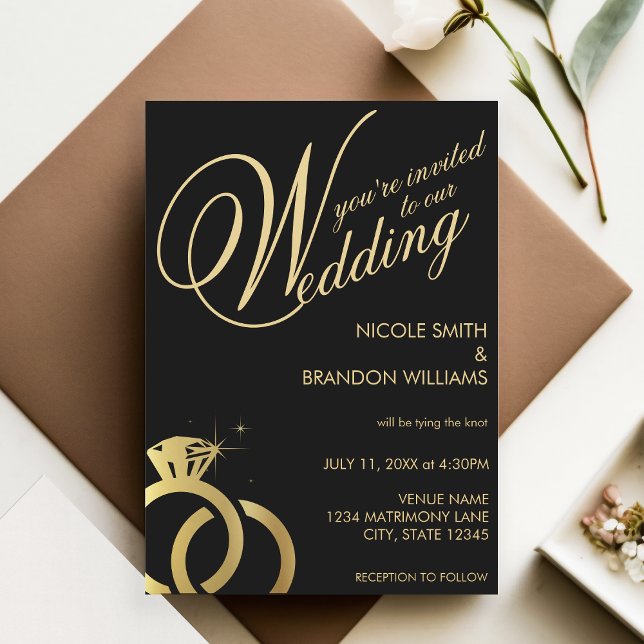 Black & Gold Diamond Ring Wedding Einladung (Black & Gold Diamond Ring Wedding Invitation)
