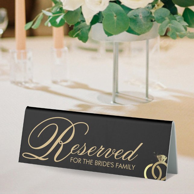 Black & Gold Diamond Ring Wedding vorbehalten Tischaufsteller (Black & Gold Diamond Ring Wedding Reserved Table Tent Sign)
