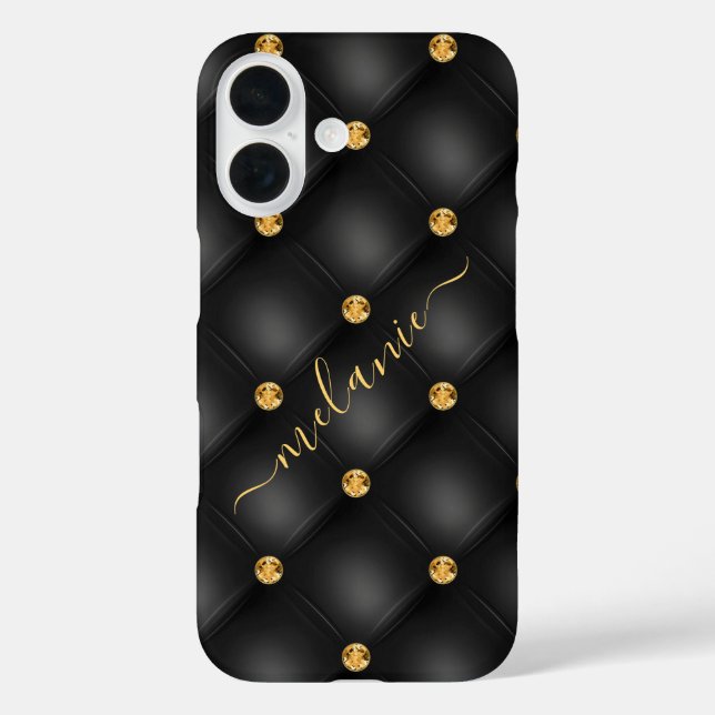 Black Gold Diamond Tufted Individuelle Name iPhone iPhone 16 Hülle (Rückseite)