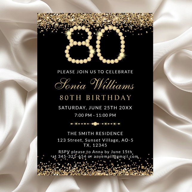 Black Gold Diamonds 80th Birthday Party Invitation (Gold Diamonds 80th Birthday Party Invitation)
