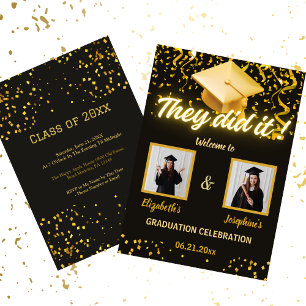 Black Gold Double Graduation Party Foto 2 Person Einladung