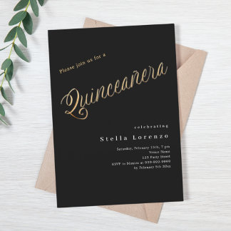 Black Gold-Drehbuch elegante Quinceanera Einladung