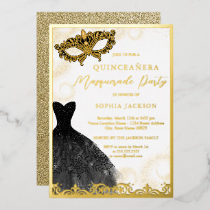Black Gold Dress Masquerade Party Quinceanera Folieneinladung