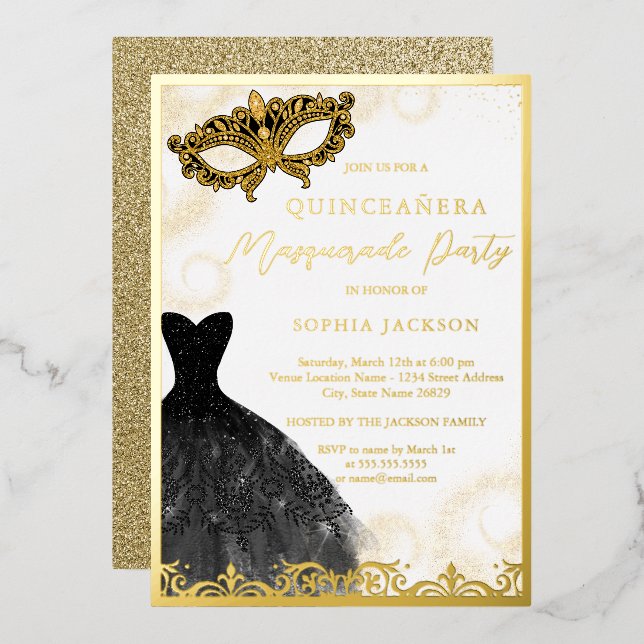 Black Gold Dress Masquerade Party Quinceanera Folieneinladung (Vorderseite/Rückseite)