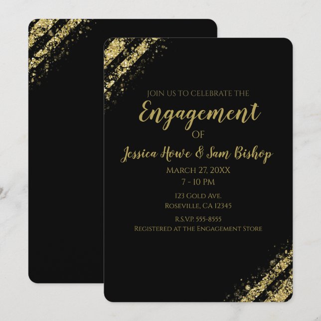 Black Gold Dust Corners Glam Moderne Verlobung Einladung (Vorne/Hinten)