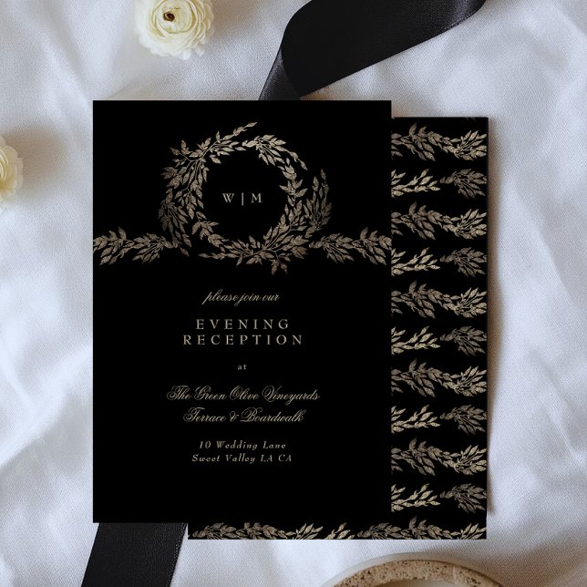 Black Gold Ebony Botanical Monogram Wedding Begleitkarte (Von Creator hochgeladen)
