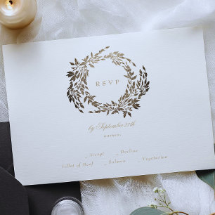 Black Gold Ebony Wreath Monogram Wedding RSVP Karte