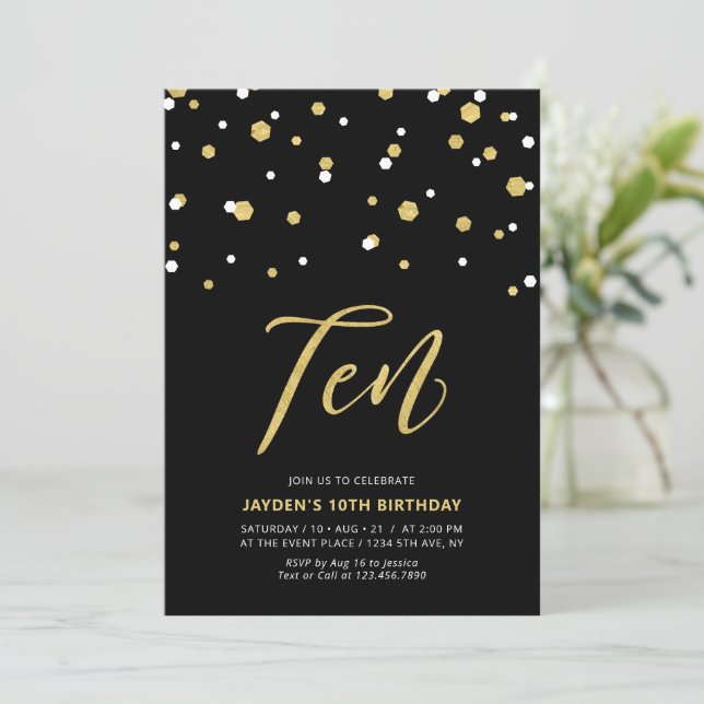 Black & Gold Einfache 10. Teen Birthday Party Invi Einladung (Stehend Vorderseite)