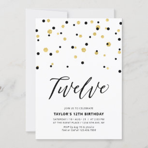 Black & Gold Einfache 12. Teen Geburtstagsparty Einladung