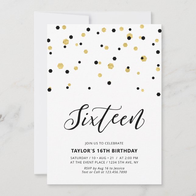 Black & Gold Einfache 16. Teen Birthday Party Einladung (Vorderseite)
