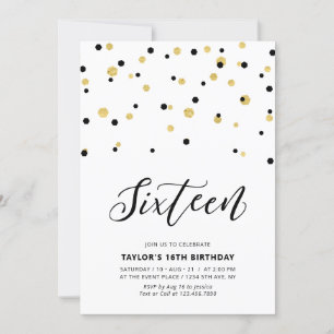 Black & Gold Einfache 16. Teen Birthday Party Einladung