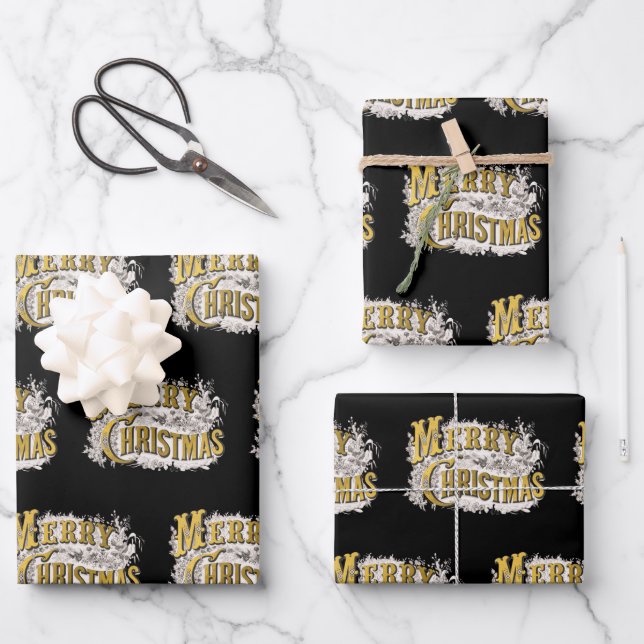 Black Gold Elegant Frohe Weihnachten Rustikale Vin Geschenkpapier Set (Vorderseite)