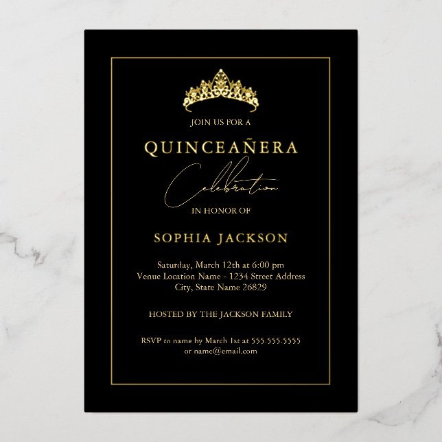 Black Gold Elegant Quinceanera 15. Folieneinladung (Vorderseite)