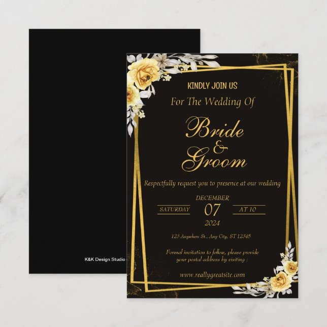 Black & Gold Elegant Wedding Invitation (Devant / Derrière)