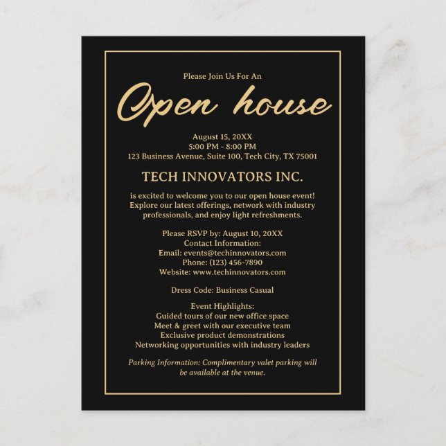 Black&Gold Elegante Business Open House Einladung Postkarte (Vorderseite)