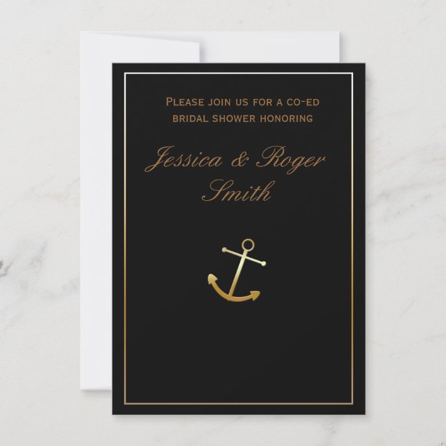 Black Gold Elegante Chic Nautical Anchor Einladung (Vorderseite)