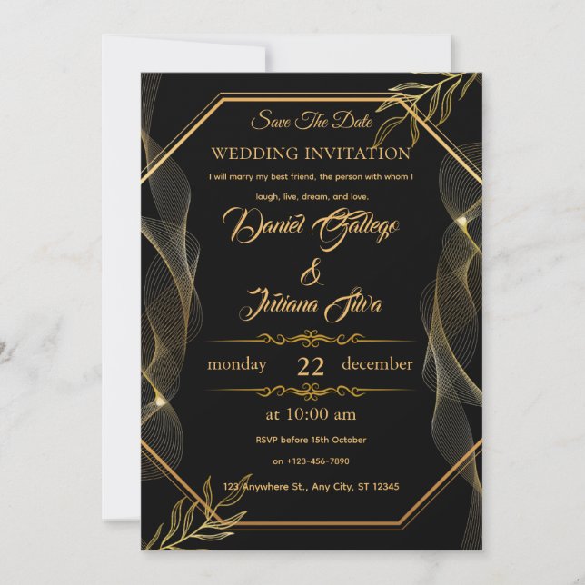 Black & Gold Elegante Einladung zur Hochzeit (Vorderseite)