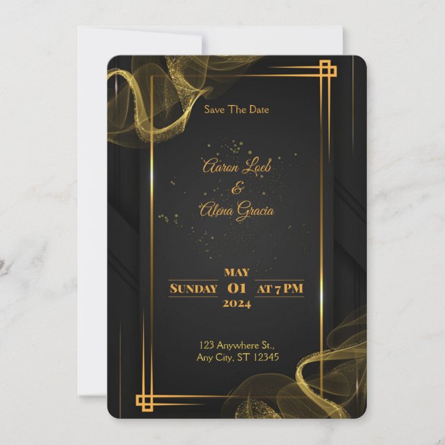 Black & Gold Elegante Einladung zur Hochzeit (Vorderseite)