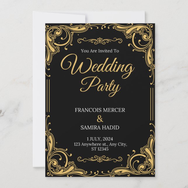 Black & Gold Elegante Hochzeitsfeier Party Einladu Einladung (Vorderseite)