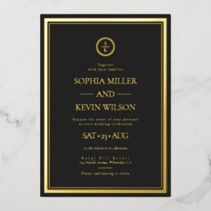 Black Gold Elegante Moderne Mit Monogramm Hochzeit Folieneinladung