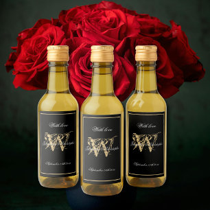 Black & Gold Elegante Monogram Chic Mini Wedding Weinetikett