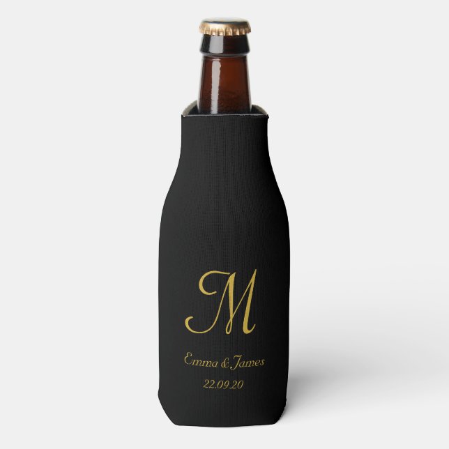 Black & Gold Elegante Monogram Script-Party Flaschenkühler (Flaschenvorderseite)