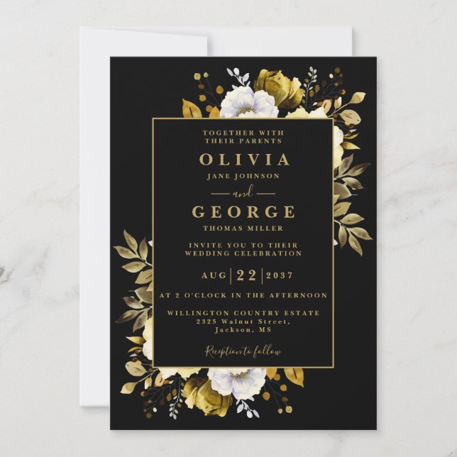 Black Gold Elegante Rustic Floral QR Code Hochzeit Einladung (Vorderseite)