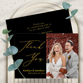 Black Gold Elegante Script Modernes Foto Hochzeit Dankeskarte