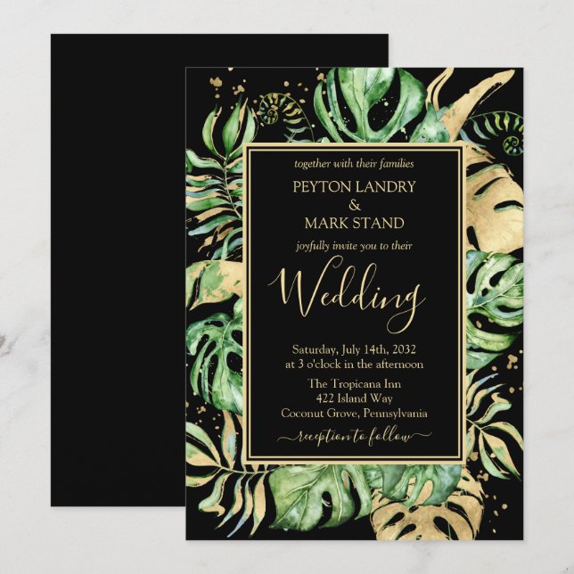 Black & Gold Elegante Tropical Foliage Hochzeit Einladung (Vorne/Hinten)