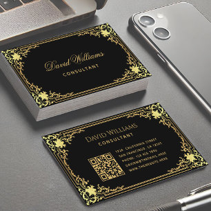 Black Gold Elegante Vintage Kalligraphie QR Code Visitenkarte