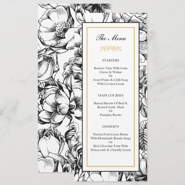 Black & Gold Elegante Wedding Party Menu Card Einladung (Vorne/Hinten)