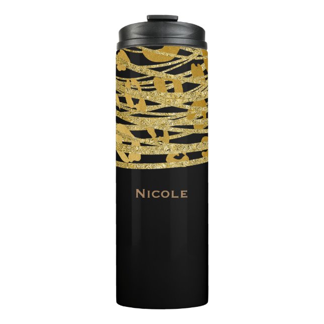 Black & Gold Eleganter Glitzer Leopard Cheetah Pri Thermosbecher (Vorderseite)