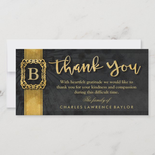Black & Gold elegantes Monogram Beileid Vielen Dan Dankeskarte (Vorderseite)