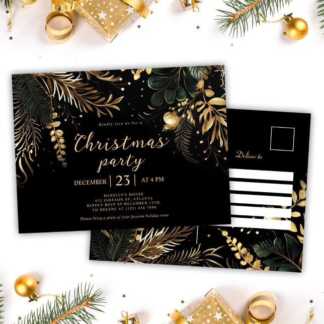 Black Gold Elegantes Weihnachts-Party Einladungspostkarte (Black Gold Elegant Christmas Party Holiday Invitation Postcard)