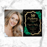 Black Gold Emerald Green Foto 50. Geburtstag Einladung<br><div class="desc">Elegante Blumenladen zum 50. Geburtstag mit Ihrem Foto. Glam schwarz und grün Design mit Imitaten Glitzer Gold. Features smaragdgrüne Rose,  Skript-Schriftart und Konfetti. Ideal für ein stilvolles Party für Erwachsene. Personalisieren Sie Ihre persönlichen Daten. Kann für jedes Alter angepasst werden! Gedruckte Zazzle Einladungen oder Sofortdownload digitalen druckbaren Vorlage.</div>