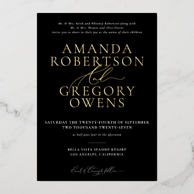 Black & Gold Et Script Élégant Mariage Invitation (Recto)