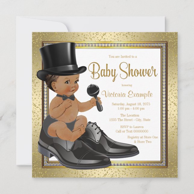 Black Gold Ethnic Little Man Baby Dusche Einladung (Vorderseite)