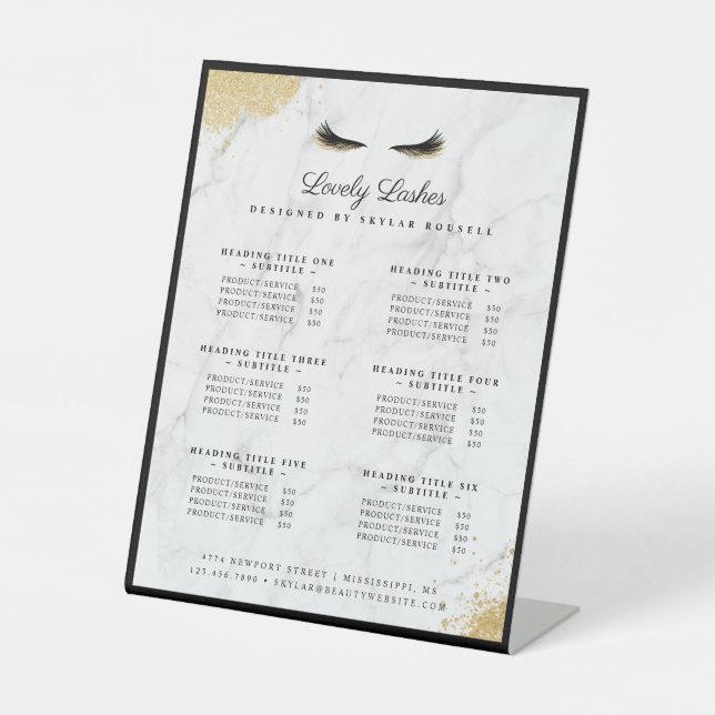 Black & Gold Eyelash Beauty Salon Service List Sockelschild (Vorderseite)